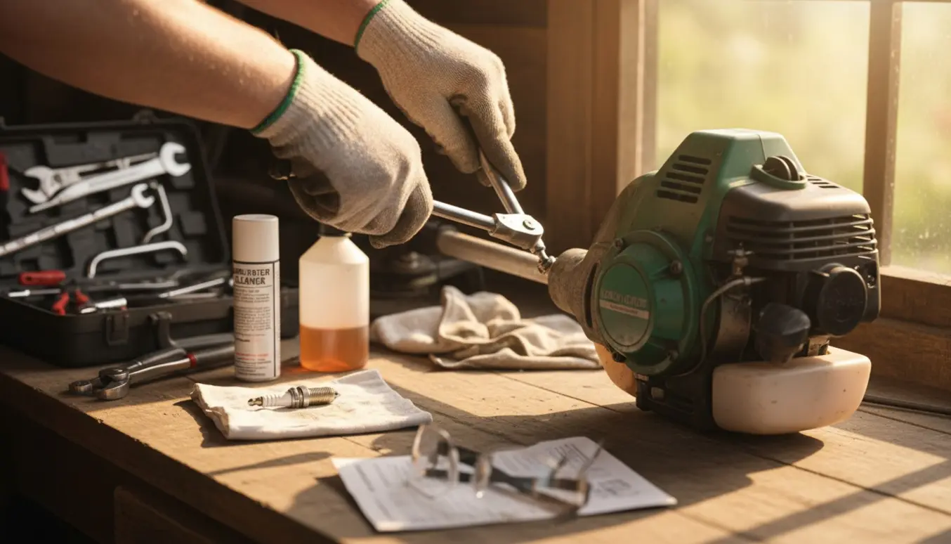 Nærbillede af en buskrydder på et værkstedbord mens handskerede hænder fjerner tændrøret.