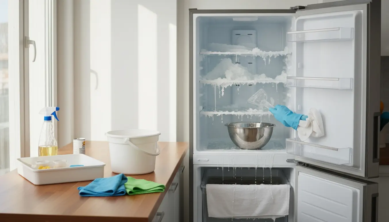Handskerede hænder afrimer og rengør et almindeligt køleskab i et lyst køkken med skål til is og rengøringsmidler.