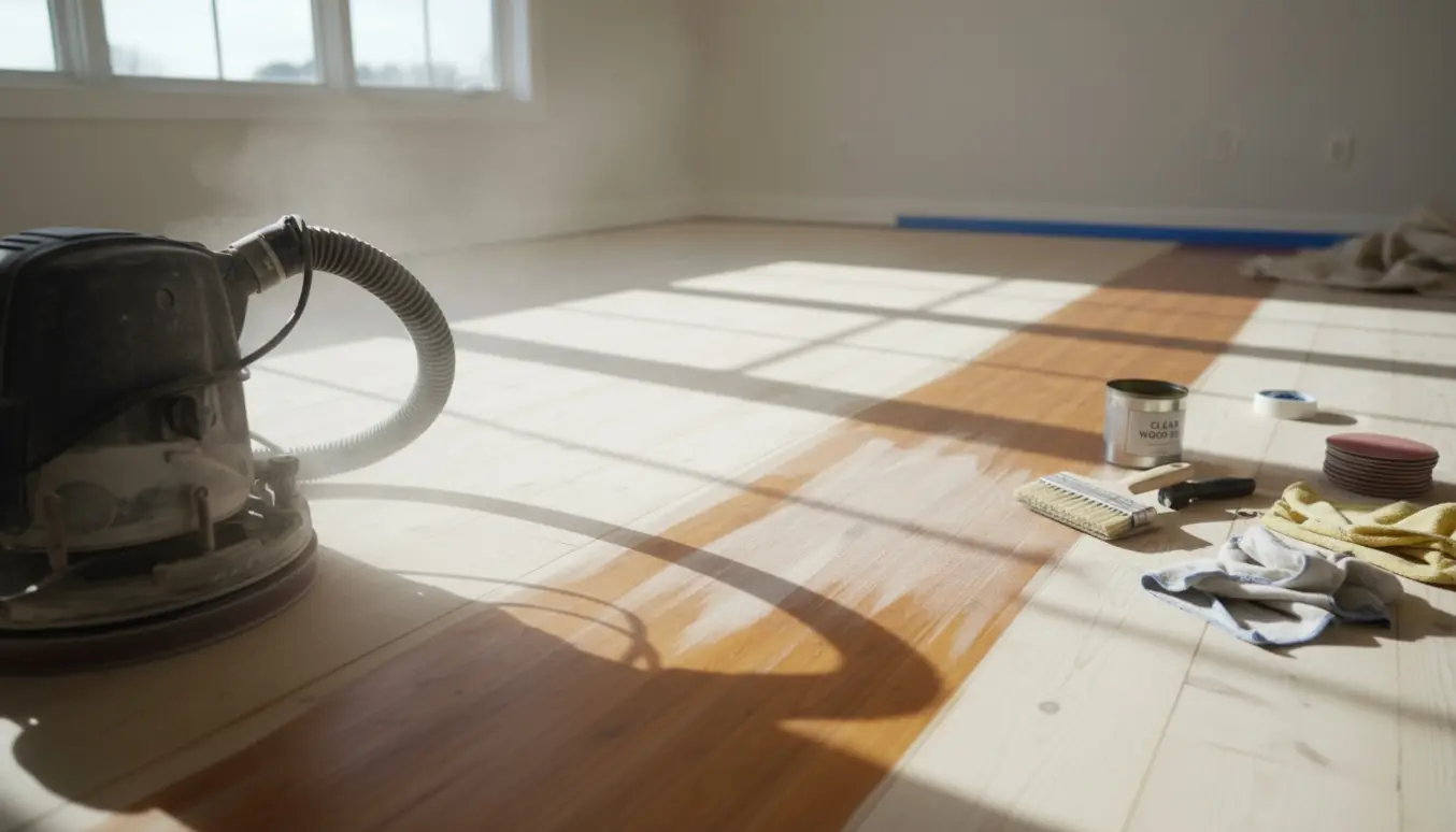 Nærbillede af en gulvsliber i gang på et nylagt fyrretræsgulv med en listet, nyslebet og delvist oliebehandlet strimmel.