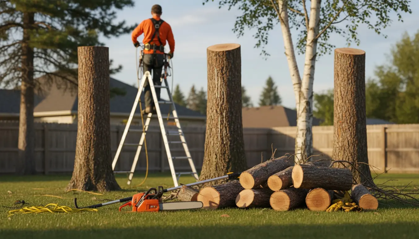 Topkapning af to fyrretræer og et birketræ i en have med afskårne kroner, sav og en bunke grene.