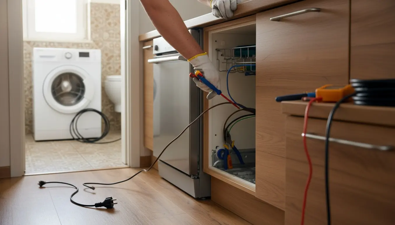 Elektriker tilslutter elkabel under køkkenbord med opvaskemaskine i køkkenet og vaskemaskine synlig i badeværelset.
