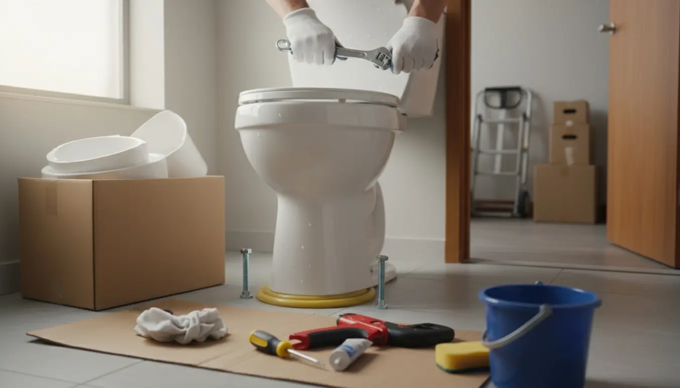 Installation af et nyt gulvmonteret toilet i et lille lejlighedsbadeværelse med værktøj og emballage omkring.