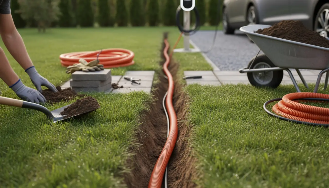 Grøft i græsset med elkabel i beskyttelsesrør på vej fra hus mod parkeringsplads og ladeboks.