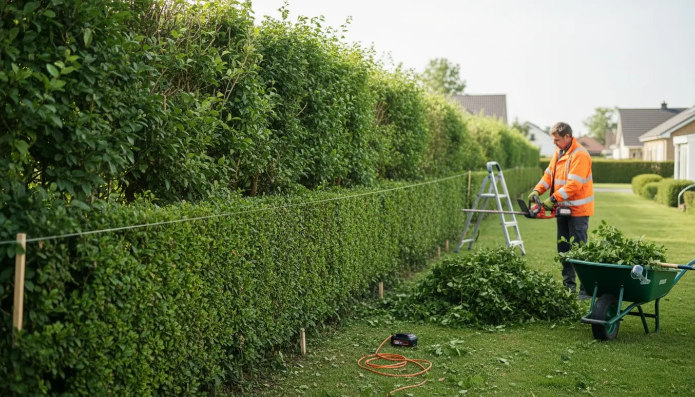 Lang hæk hvor den ene side er nyklippet efter en snor, med hækklipper, bunker af afklip og en trillebør i solen.