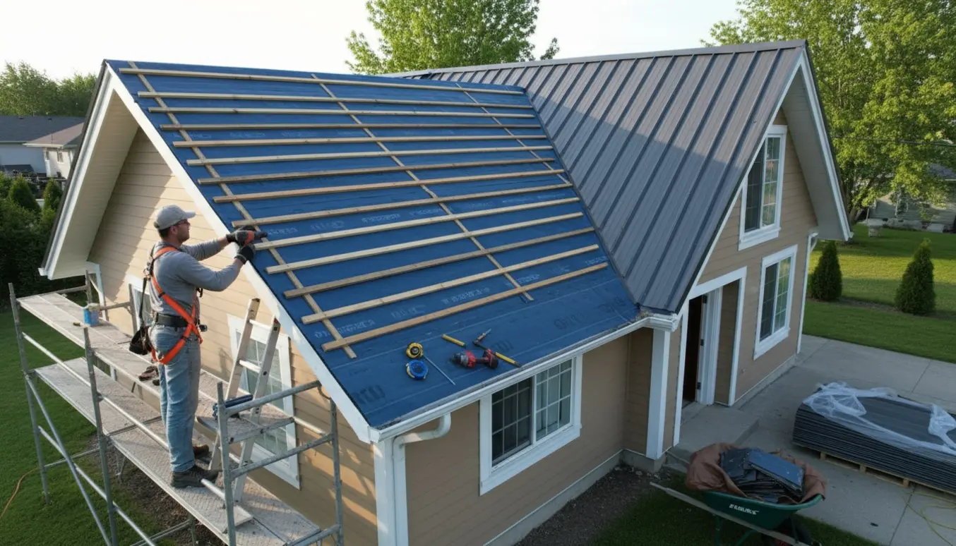 Hus med monteret underlag på taget, stabler af stålplader i indkørslen og en håndværker, der monterer en plade.