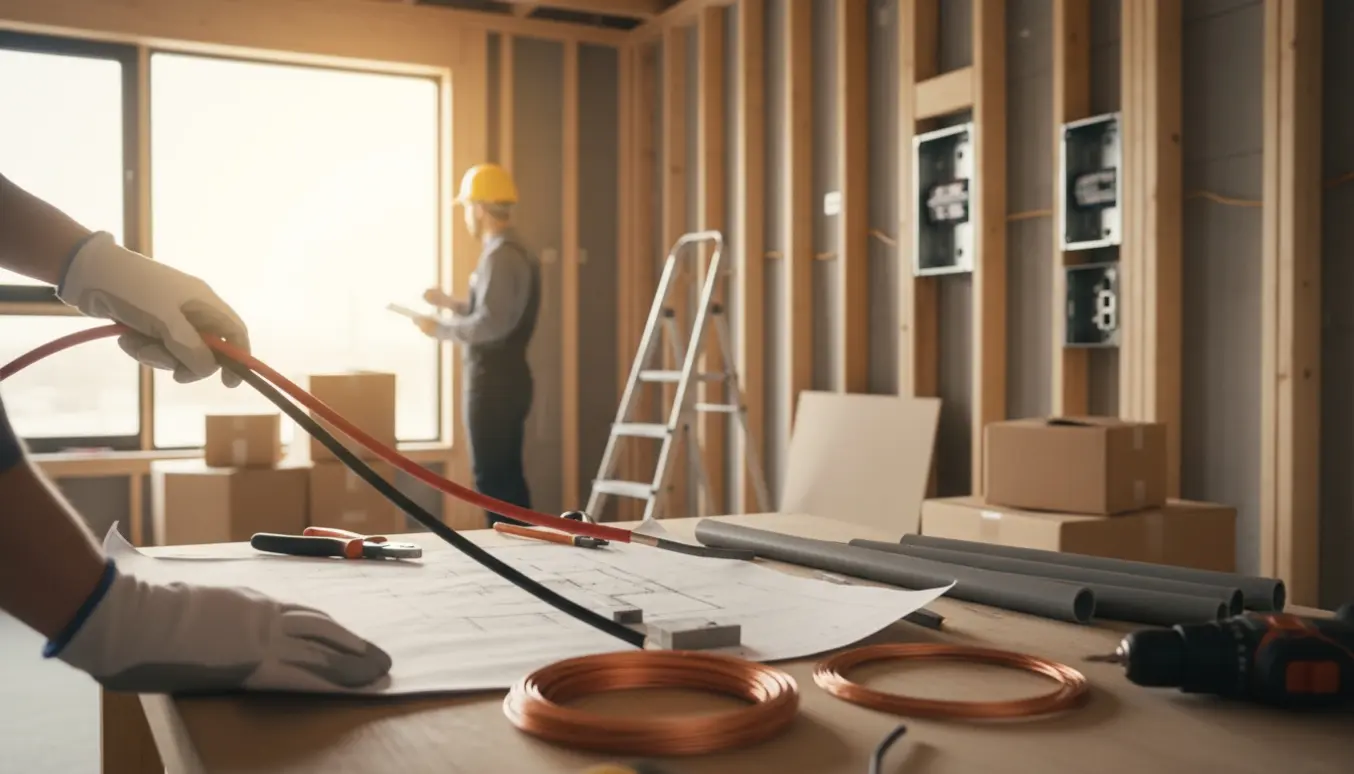 Håndværkere trækker elkabler i et nybygget hus med elplan og værktøj.