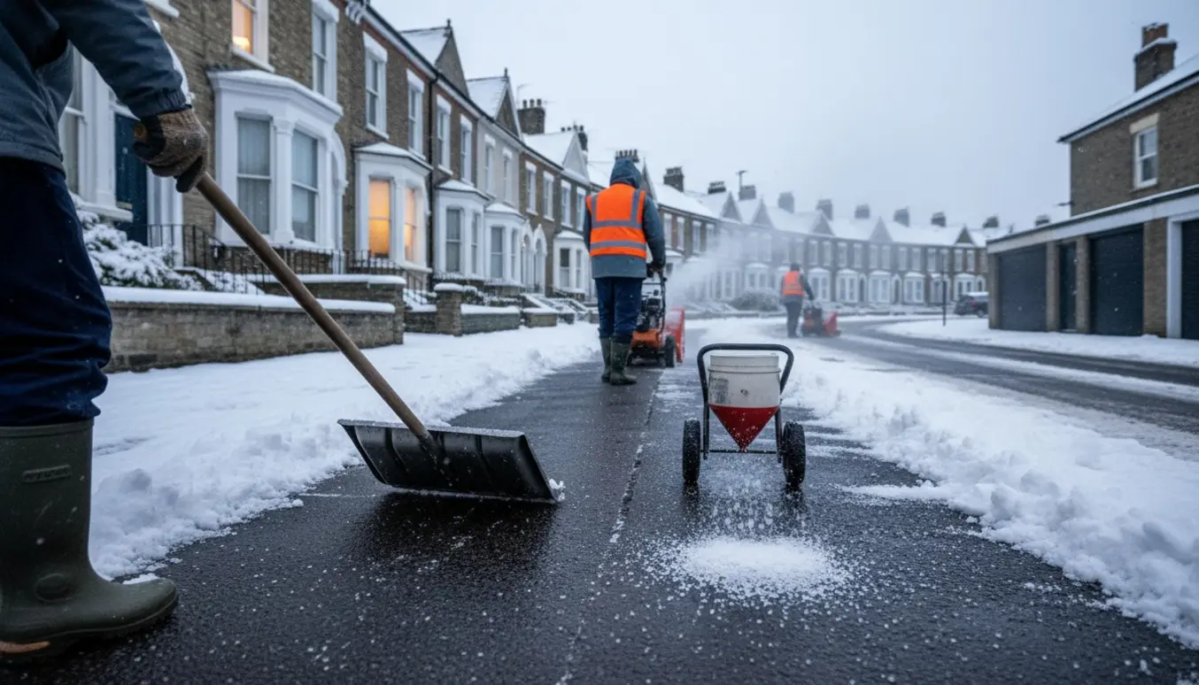Personer rydder sne og spreder salt på fortov, rampe og foran garager ved rækkehuse.