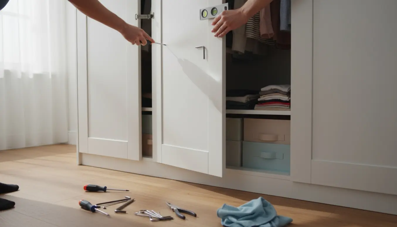 To hænder justerer tre skabslåger på et samlet IKEA PAX-garderobeskab, med værktøj på trægulvet.