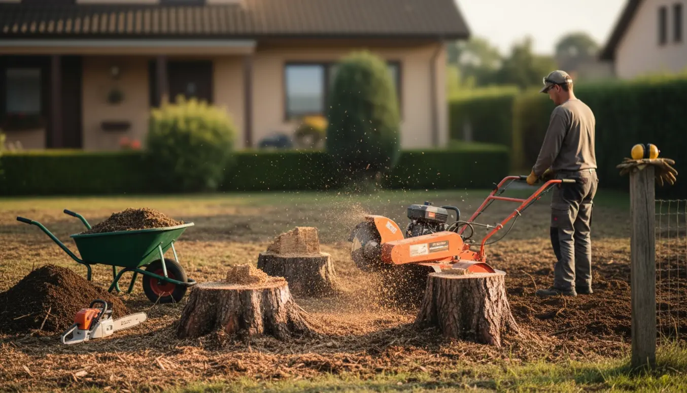 Fronthave på ca. 150–200 m² under fræsning med fræser og to store fyrstubbe delvist fjernet, træflis og jord i forgrunden.