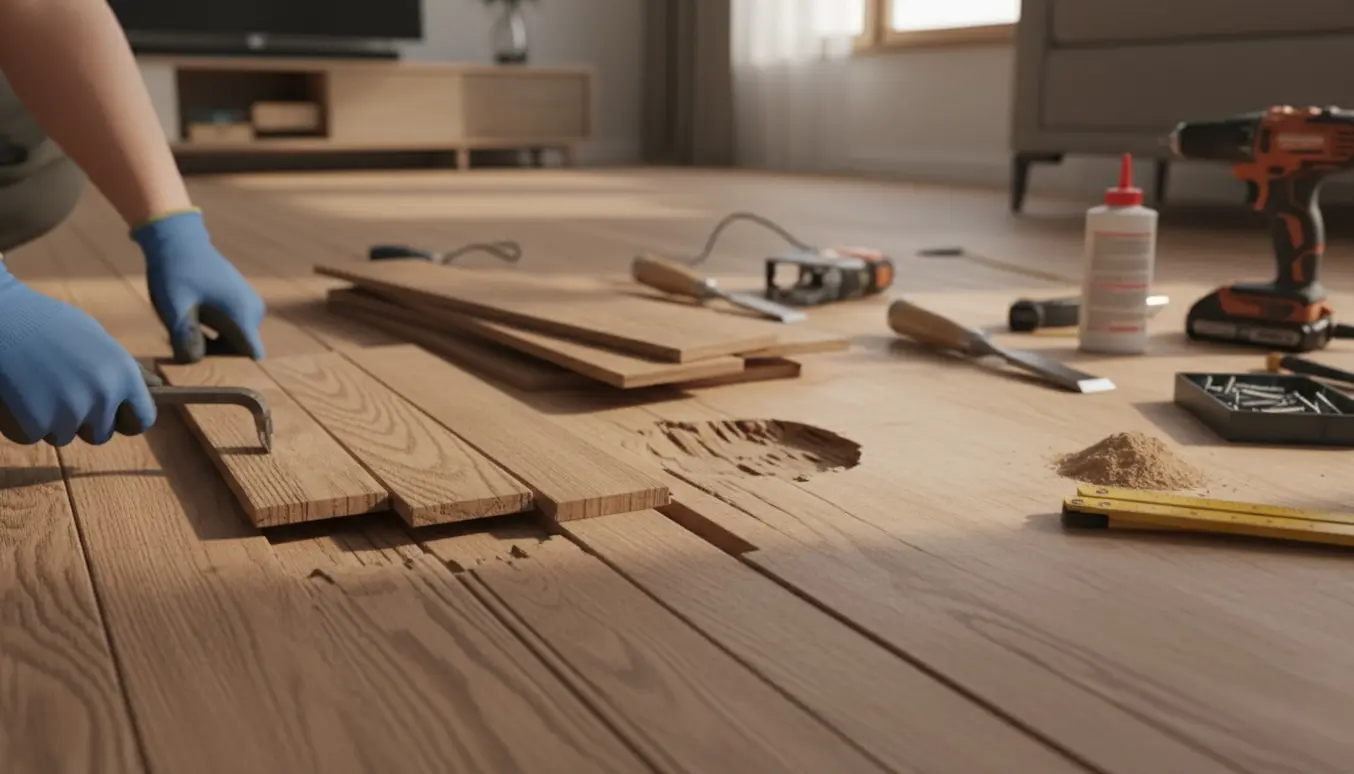 Nærbillede af udskiftning af beskadigede trægulvbrædder med værktøj og nye planker klar til montering.