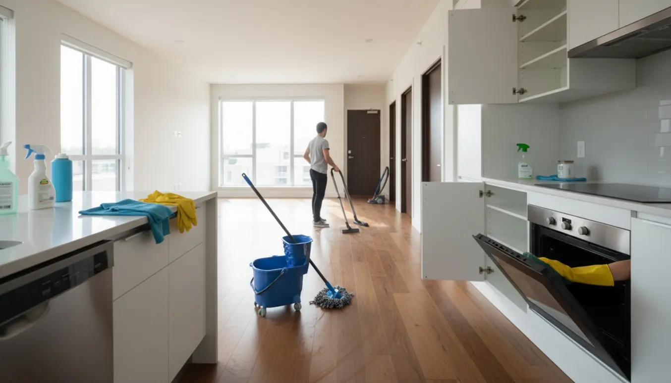 Flytterengøring i lyst lejlighed med støvsuger, moppe, åbne skabe og rengøringsudstyr.