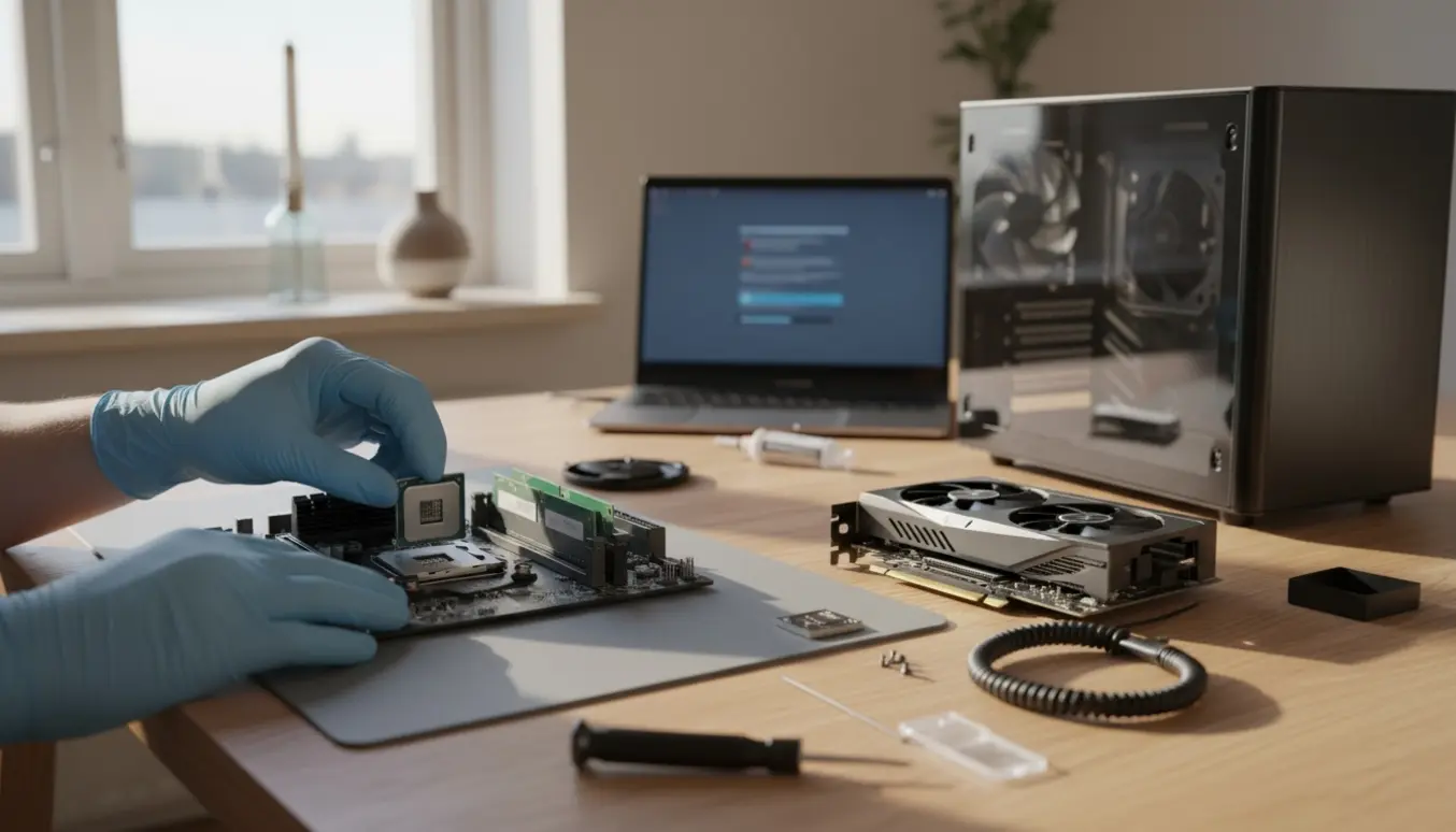 Hænder installerer CPU, RAM og M.2-drev i et bundkort på et spisebord i en lejlighed.