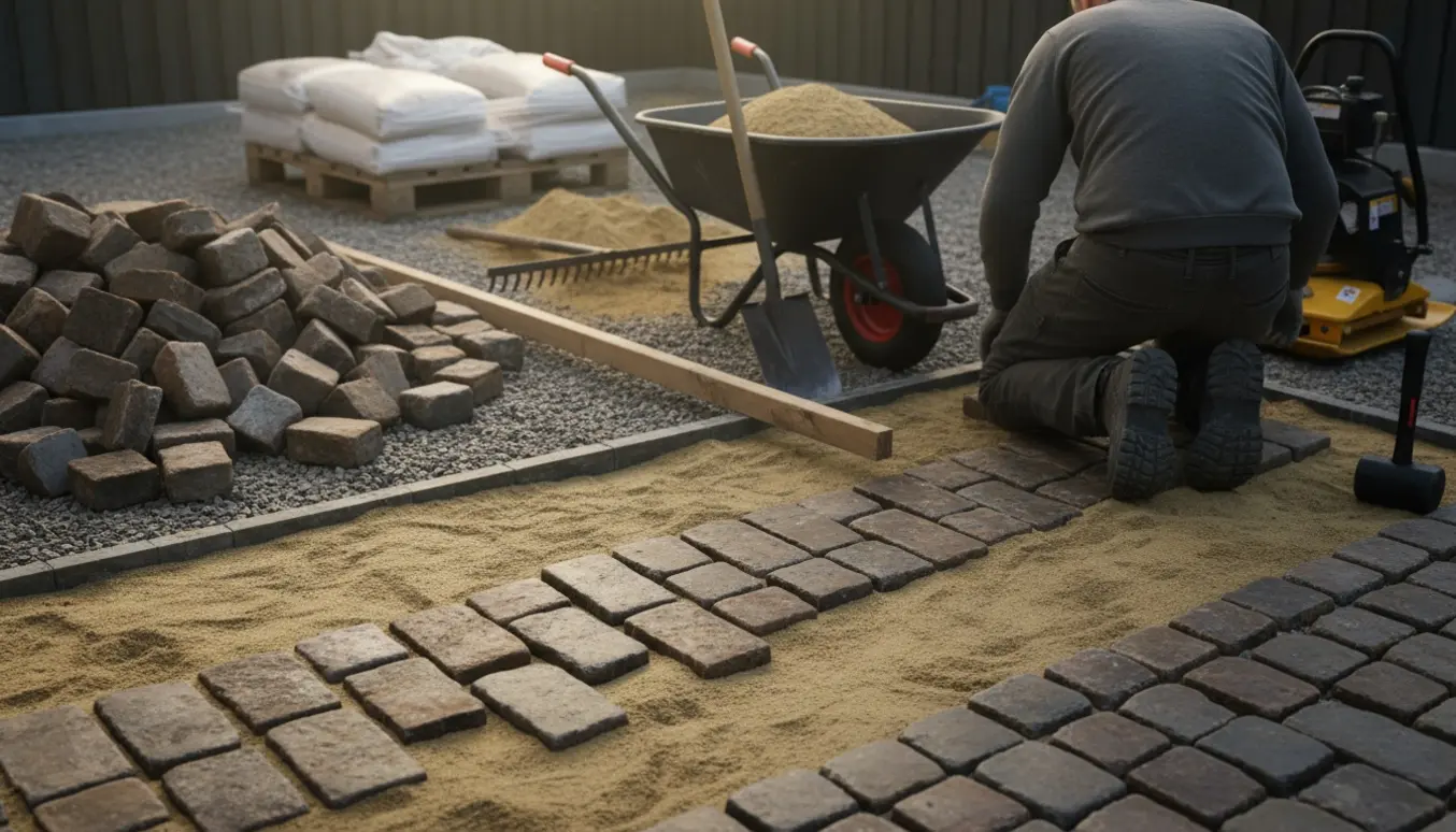 Udendørs gårdsplads med genbrugte herregårdssten, sandsække og værktøj klar til udlægning.