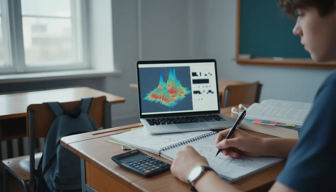 En elev sidder ved et skolebord og peger på en farverig matematisk graf på en bærbar.