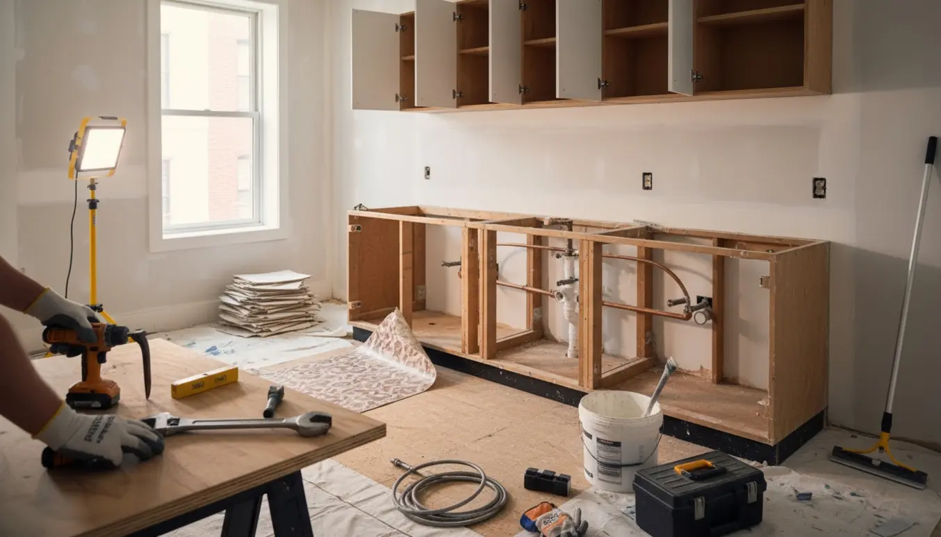 Nedrevet køkken i stuelejlighed med fjernede skabe, blottet VVS, løst vinylgulv og værktøj klar til klargøring.