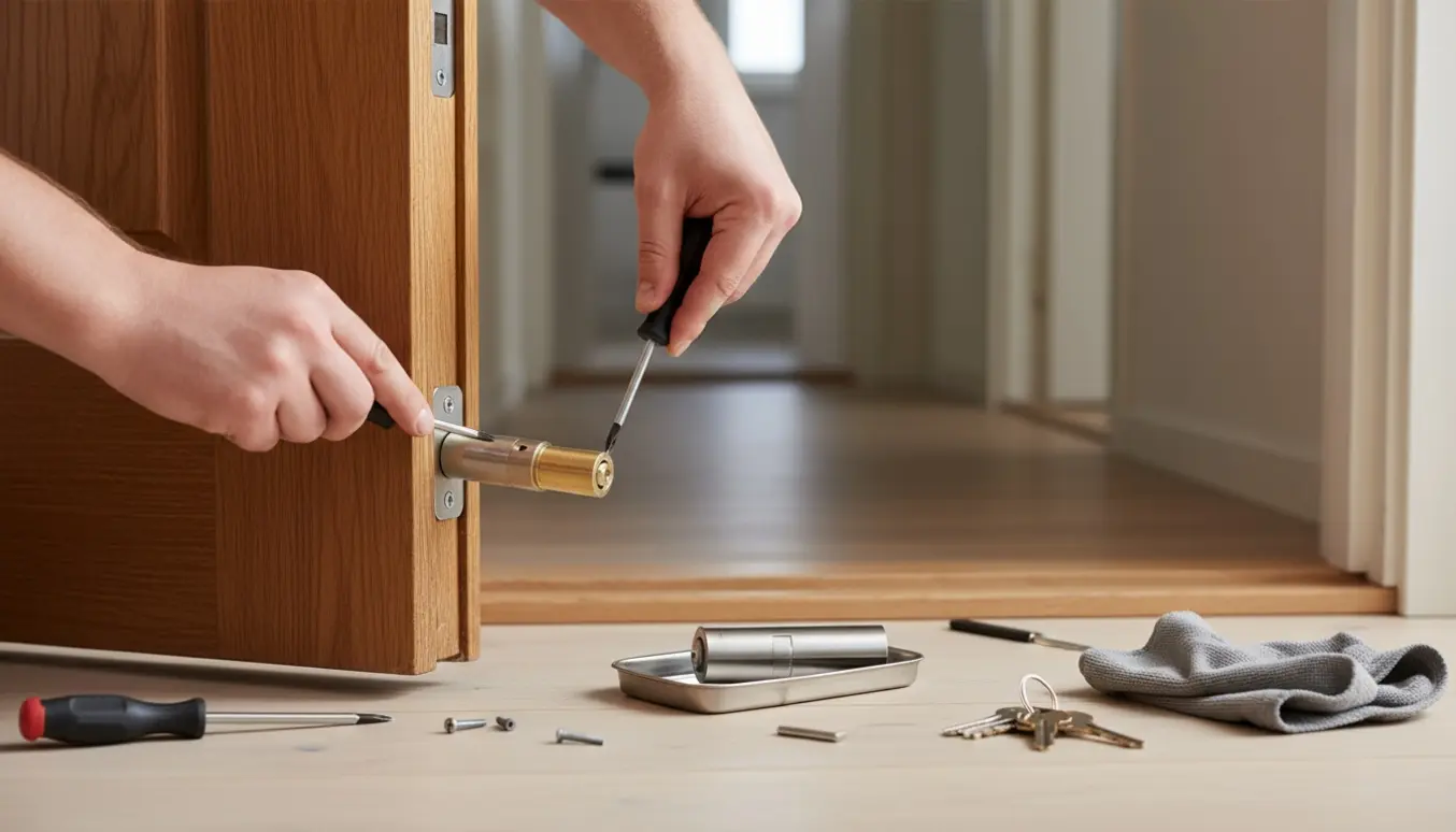 Hænder udskifter låsecylinder i hoveddør med skruetrækker og ny Ruko Serie 1200‑lignende cylinder på bakke.