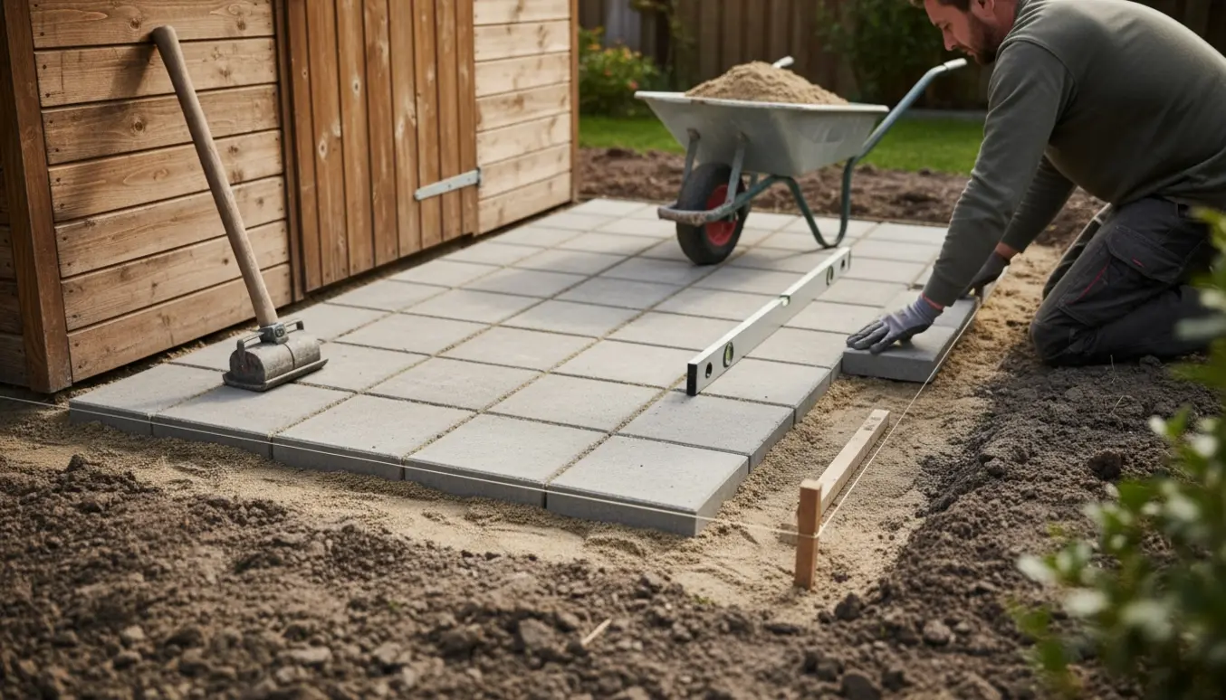 Delvist færdig terrasse med små kvadratiske betonfliser lagt langs et skur, opgravet jord og værktøj i naturligt dagslys.