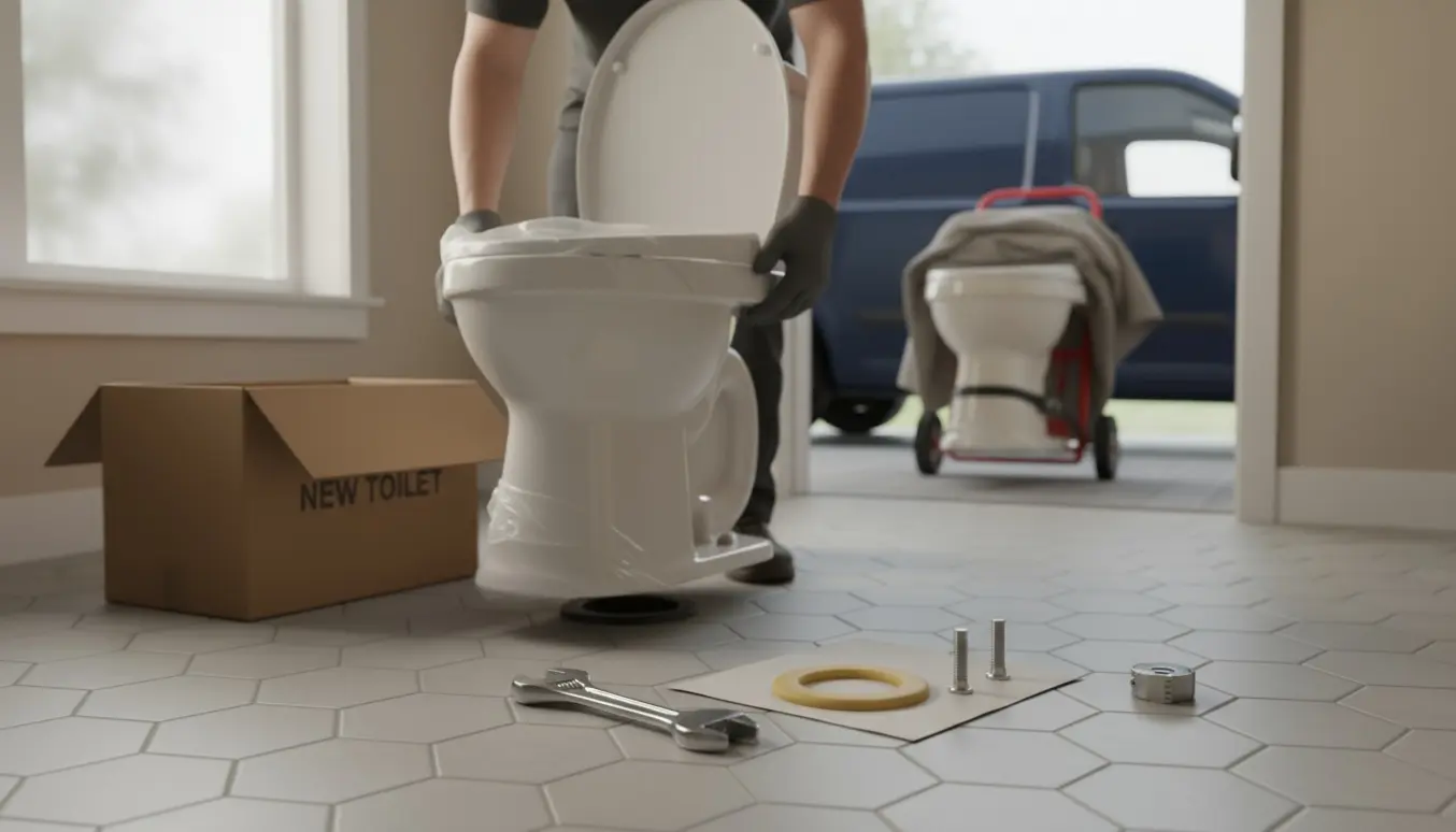 En VVS'er monterer et nyt toilet i et lyst badeværelse med værktøj og det gamle toilet klar til bortskafning.