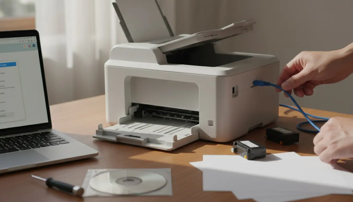 Hænder forbinder en gammel multifunktionsprinter til en bærbar computer for at installere en driver.