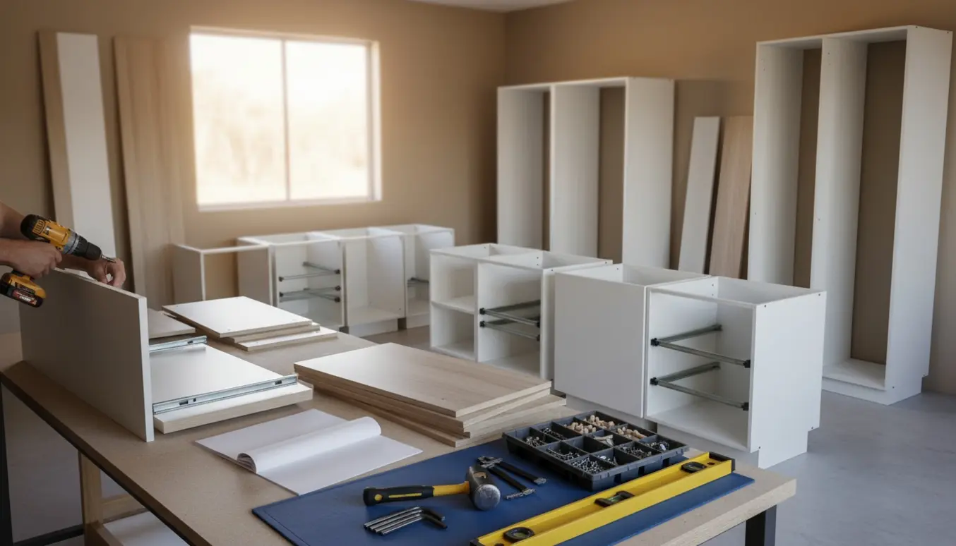 Fladt pakkede skabspaneler og værktøj i et oplyst værksted, hvor hænder samler skabe og skuffefronter.