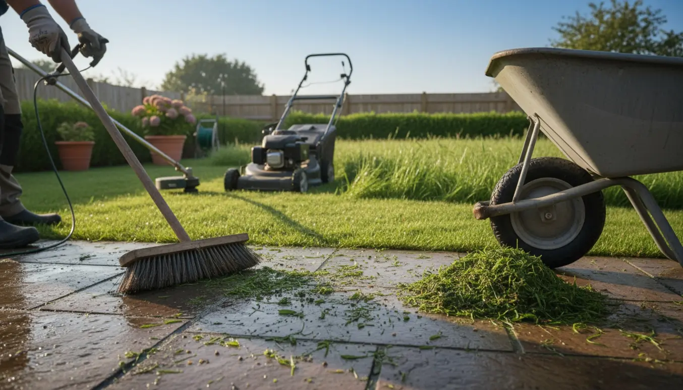 Højt græs bliver klippet og fliserne renses i en solbeskinnet have med plæneklipper og kanttrimmer.