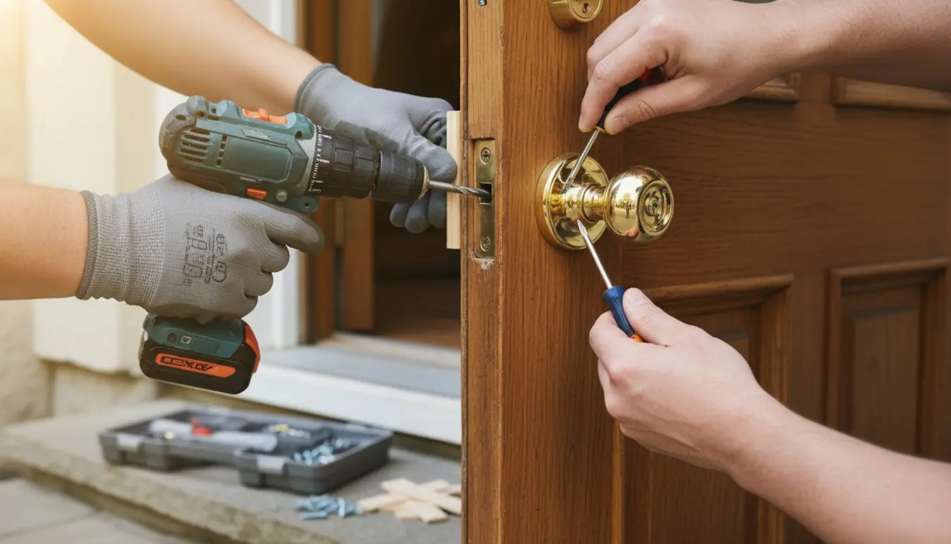 Nærbillede af hænder, der justerer en yderdør med kiler ved hængslet og spænder håndtaget fast.