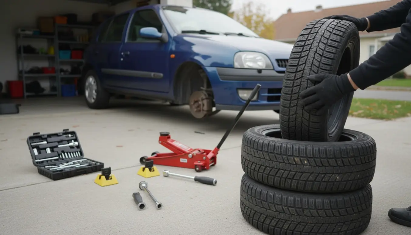 Hænder skifter vinterdæk på en ældre Renault Clio-stil bil i indkørslen med dæk og værktøj ved siden af.