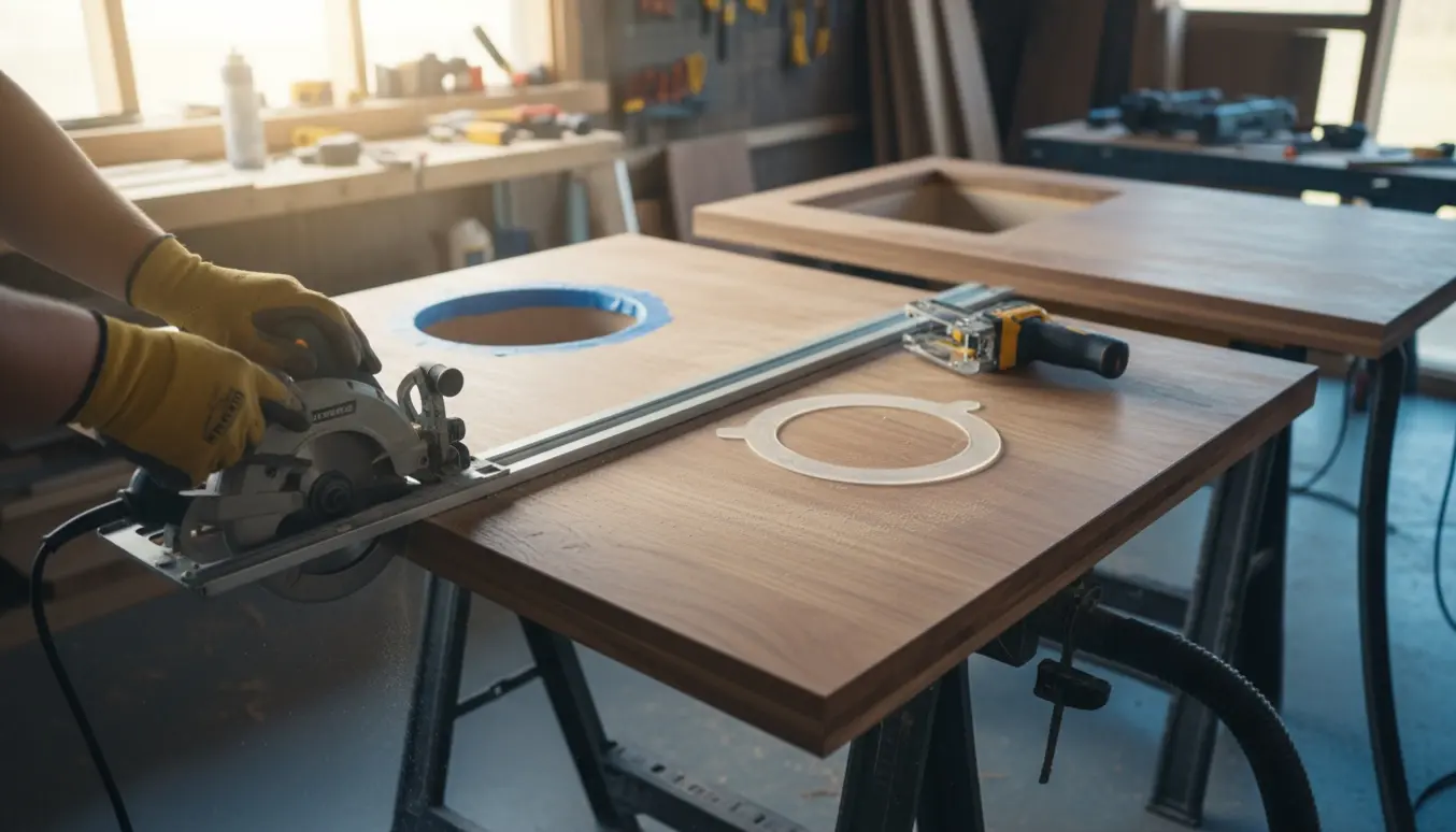 To krydsfinér bordplader med valnøddetrækanter på bukke, den ene skæres med rundsav og den anden har udskæringer til vask og induktion.