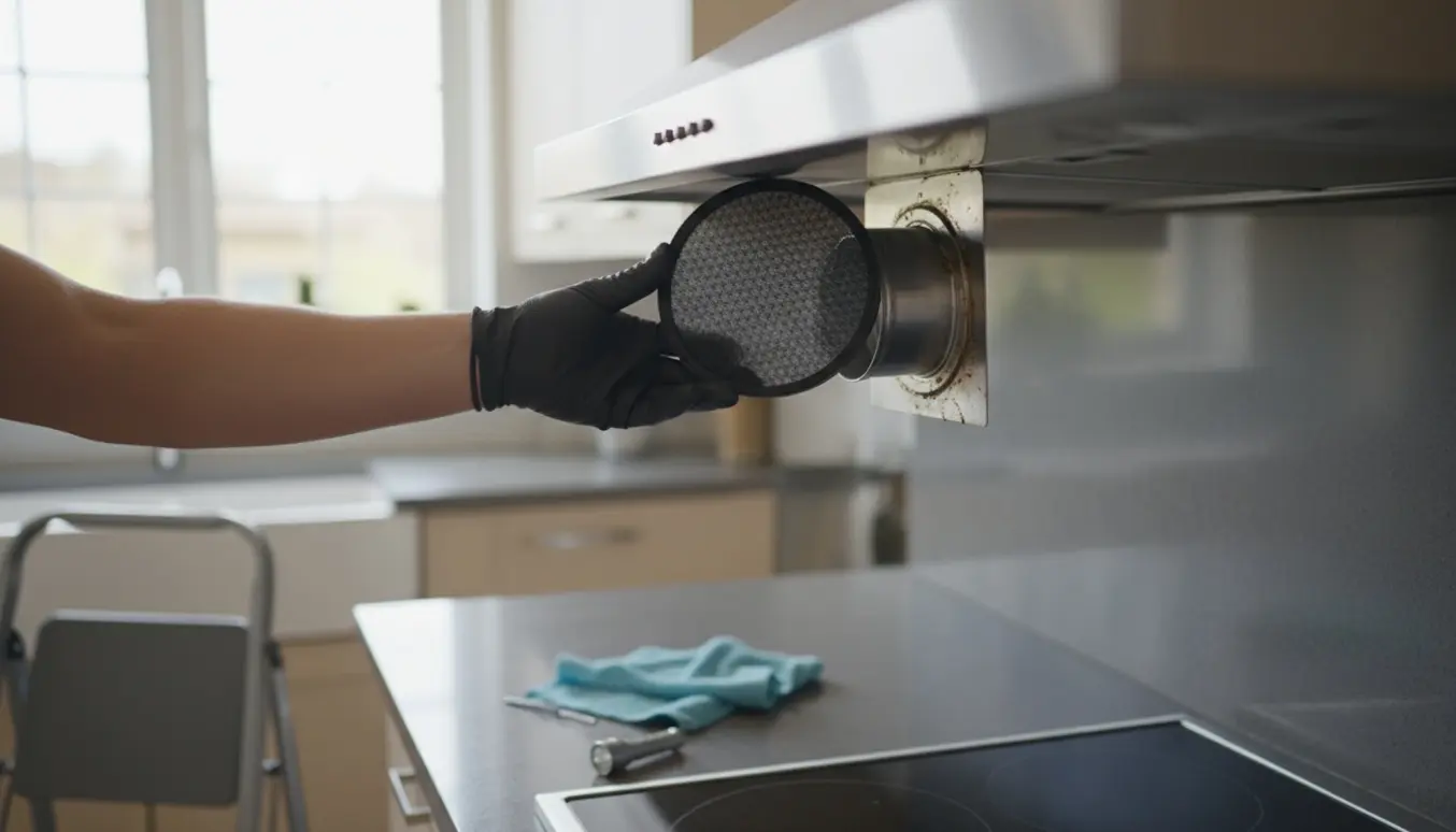 Aktivt kulfilter sættes ind i en rustfri emhætte i et lyst køkken.