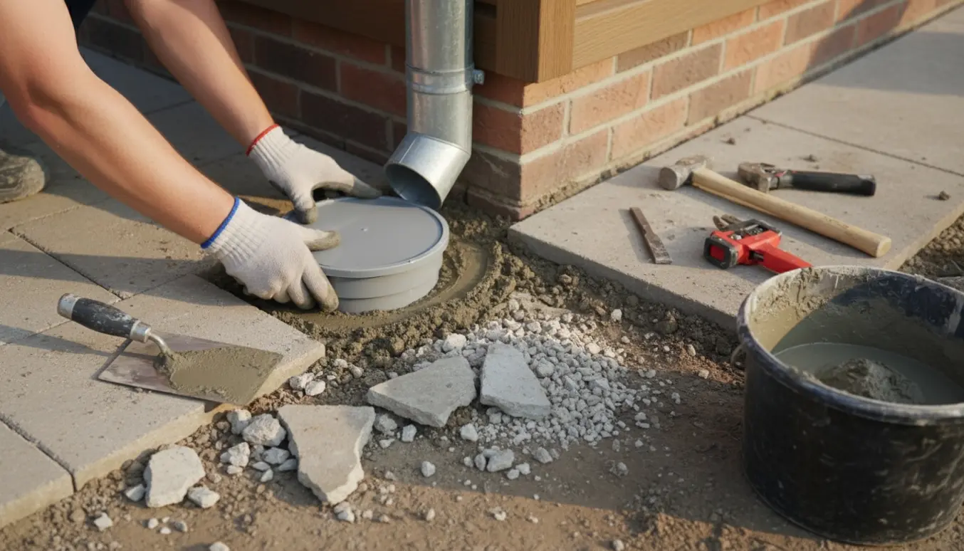 Nærbillede af en ny plasttagbrønd, der installeres ved husets hjørne med værktøj og friskt mørtel.