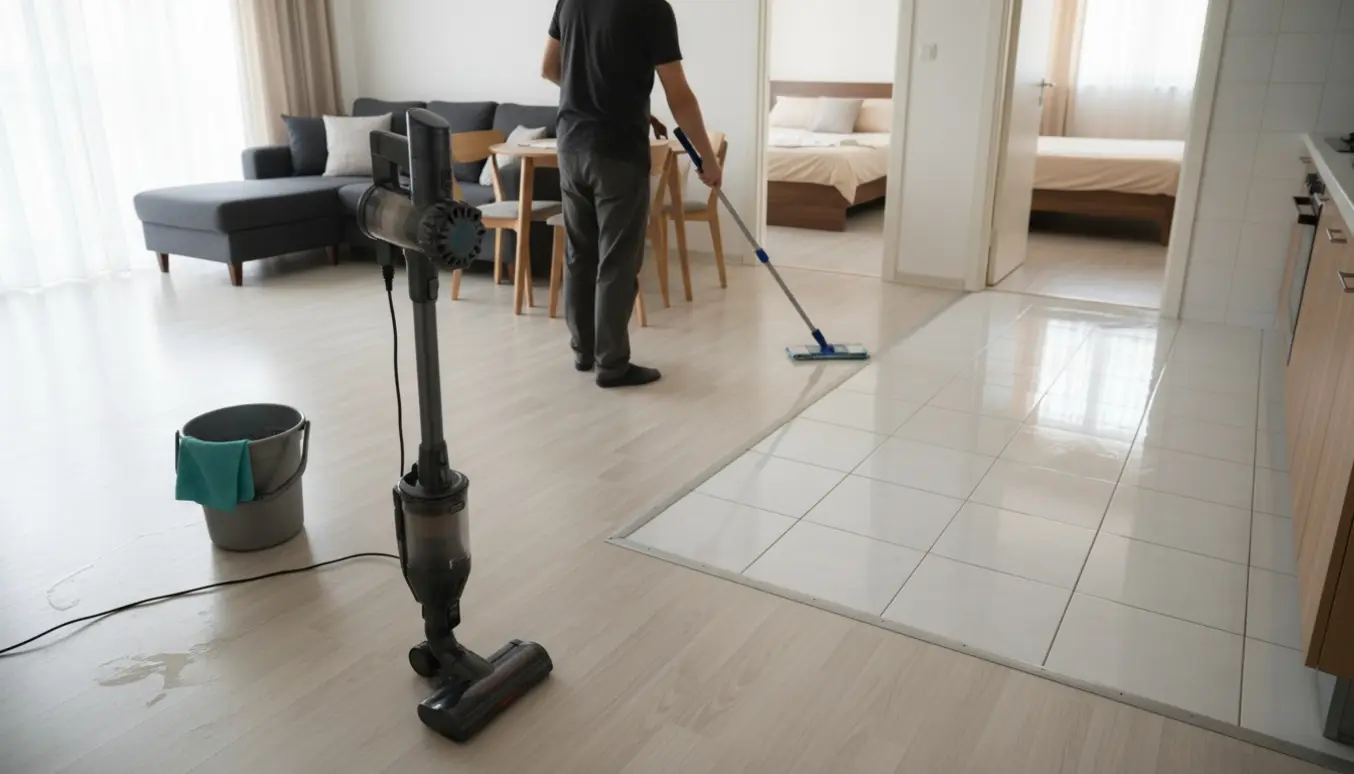 Person vasker og støvsuger gulve i en lys lejlighed med hvide køkkenklinker og lyse plastiktrægulve.