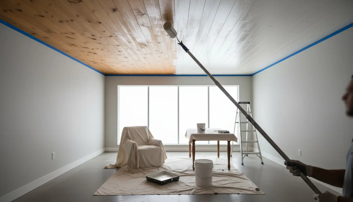 Et rum med et træimitationsloft halvt malet hvidt, malerulle og afdækningsduge.