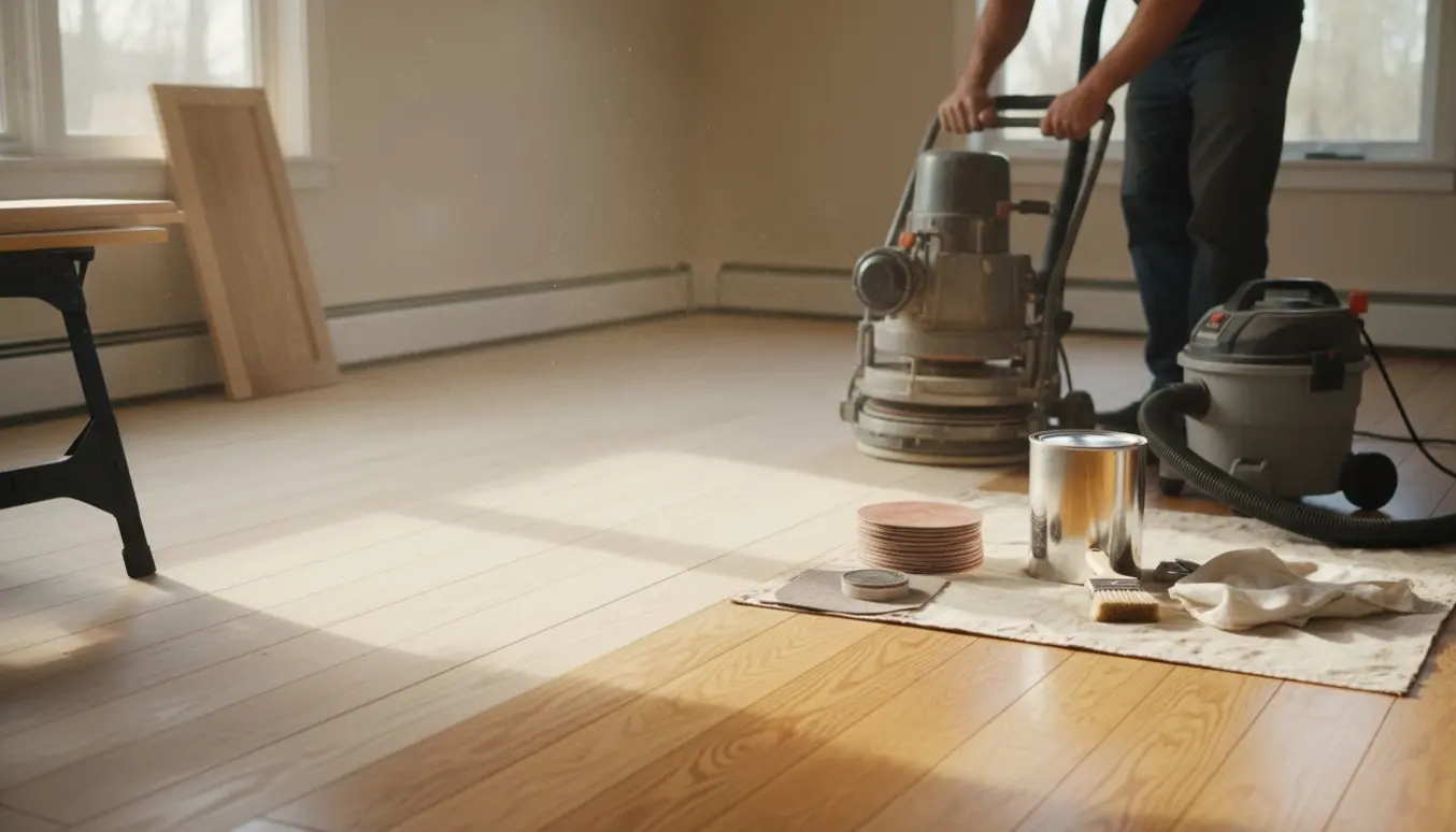 Solbelyst lille rum med delvist slebet trægulv, gulvsliber, sandpapir og en dåse olie klar til efterbehandling.