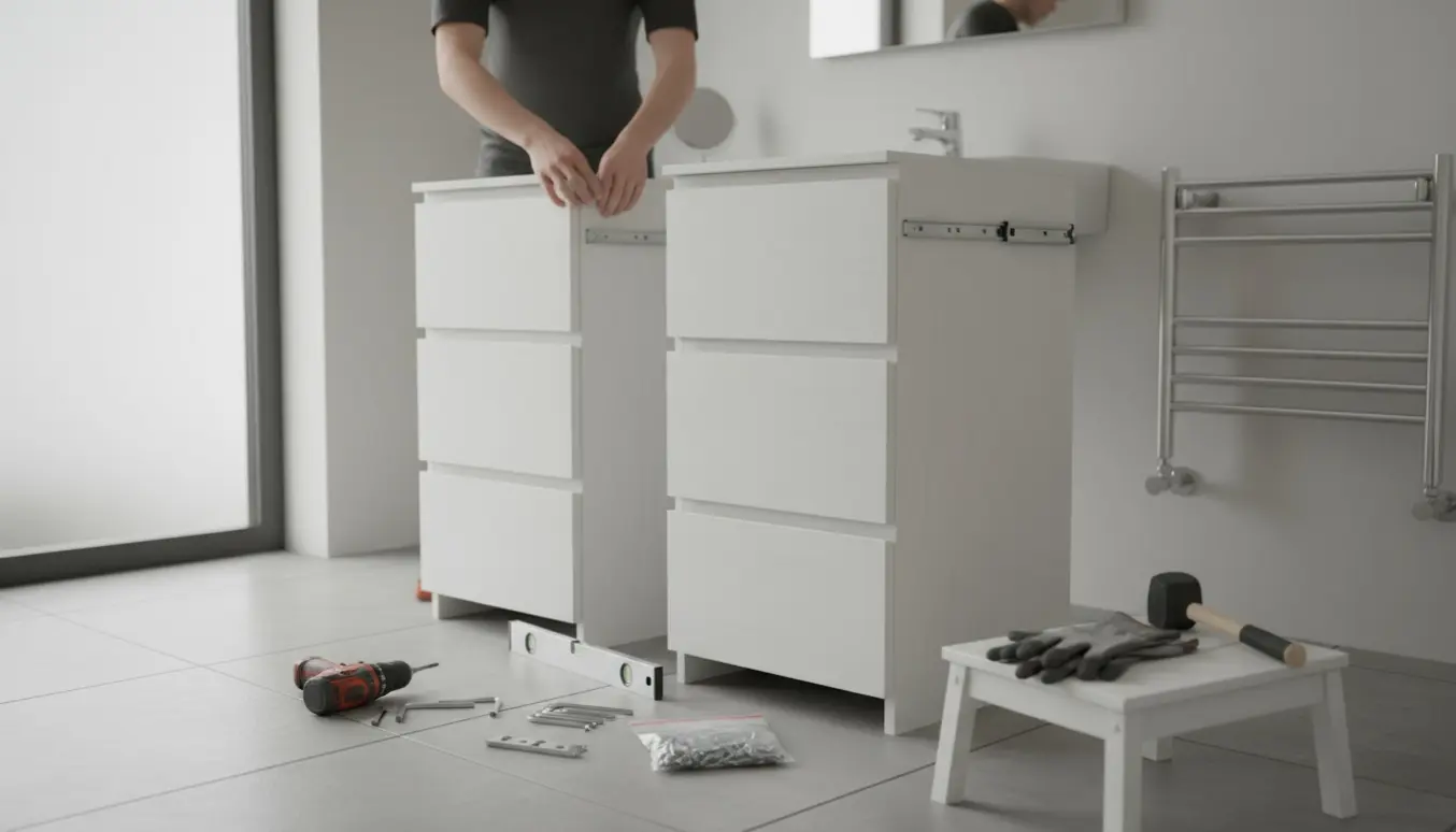 To høje badeværelsesskabe samles ved siden af hinanden i et lyst, moderne badeværelse med værktøj på fliserne.