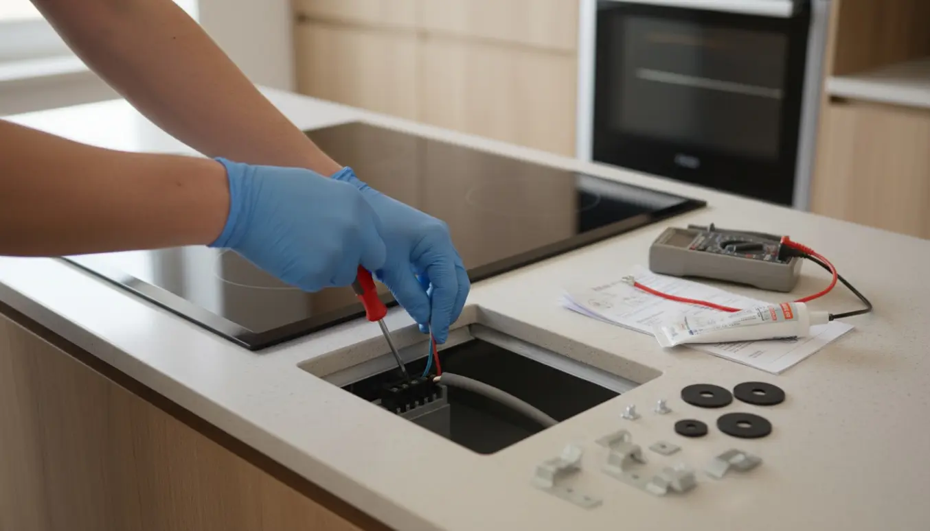 Nærbillede af hænder, der installerer en sort induktionskogeplade i en køkkenbordudskæring med værktøj og ledninger.