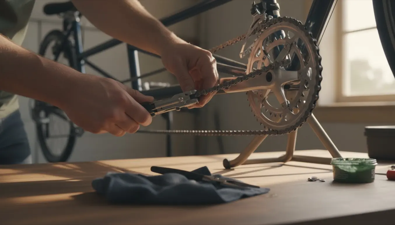 Nærbillede af hænder, der monterer en ny kæde på en tandemcykels drivlinje med kædeværktøj og smurt klud.