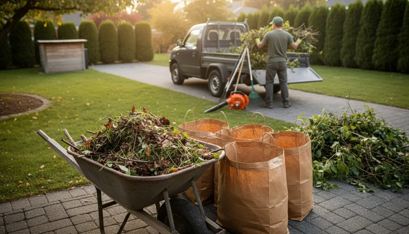 En vogn med løv og grene samt sække og en person set bagfra, klar til bortkørsel af haveaffald.