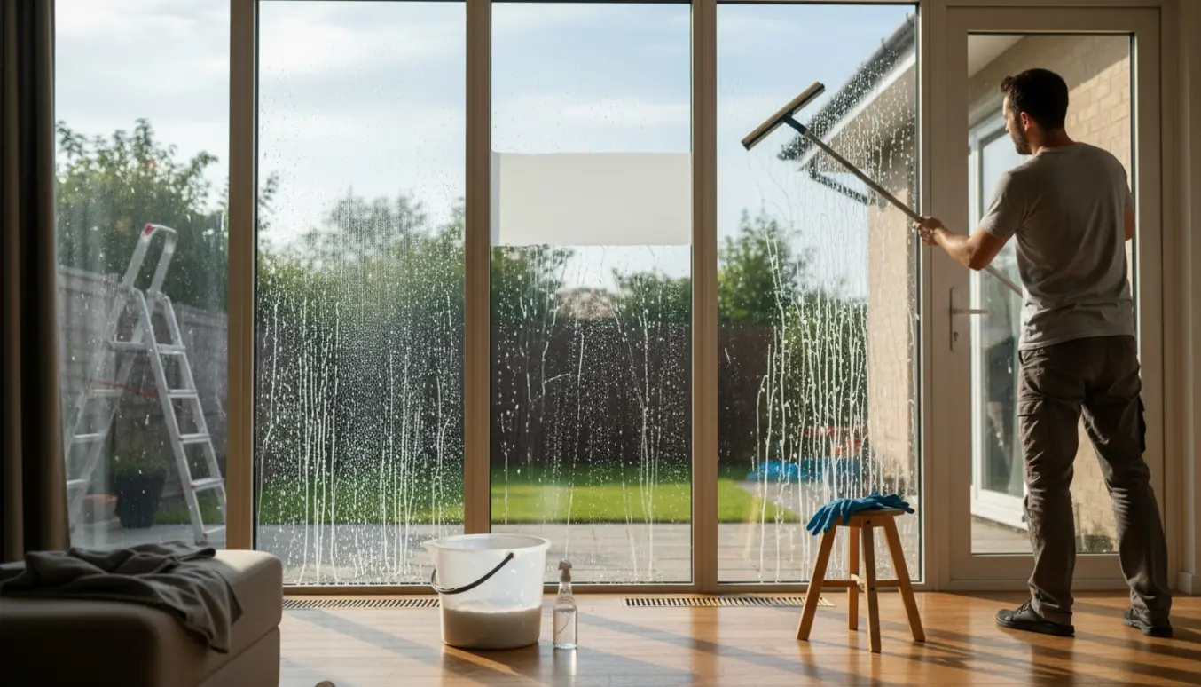 Person pudser fem store vinduer og en glasdør med skraber, spand og mikrofiberklud i blødt morgenlys.