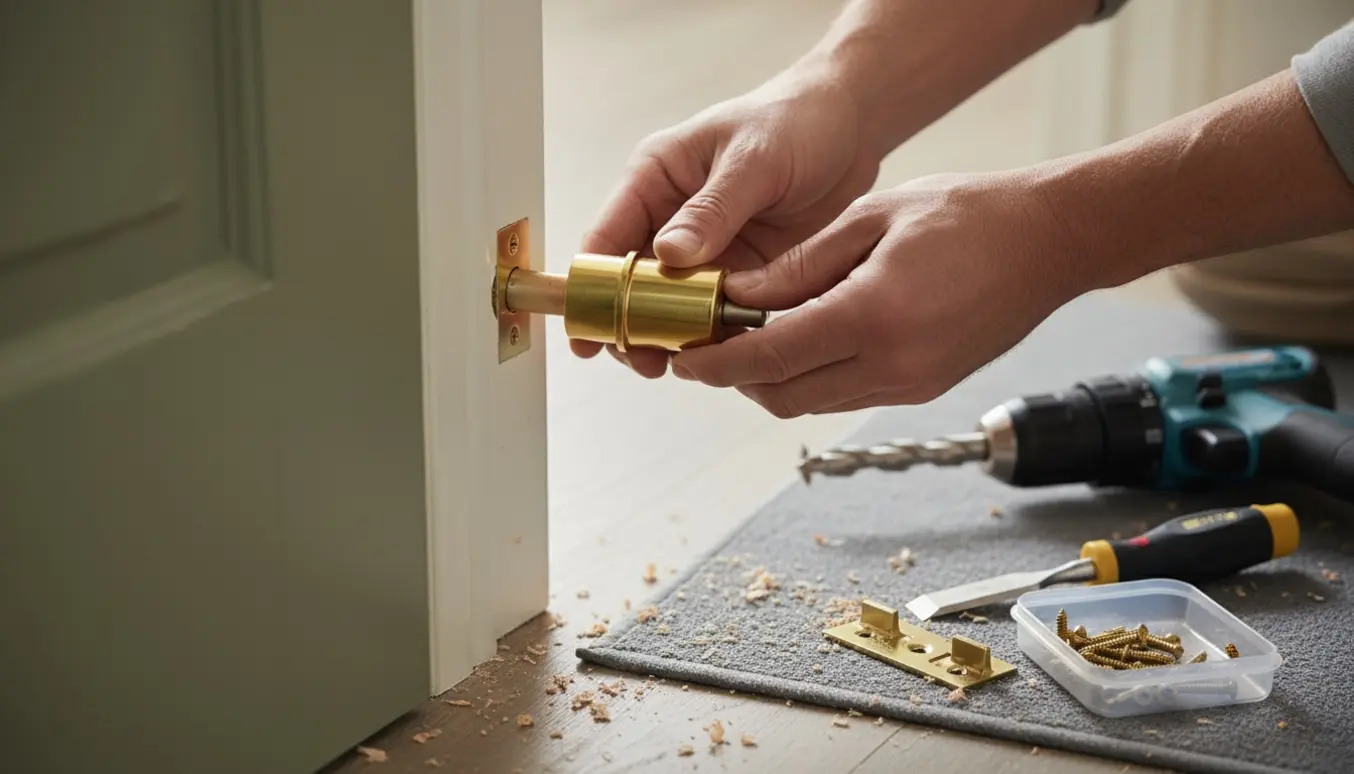 Nærbillede af hænder, der monterer en ekstra dørlås i hoveddøren.
