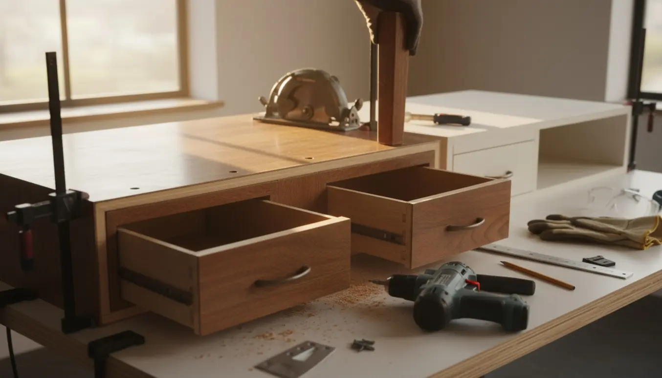 Halvt ombygget brunt skrivebord på et arbejdsbord med sav, klemmer og åbne, forkortede skuffer.