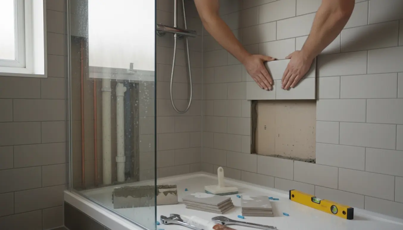 Hænder monterer en flisebeklædt adgangsbeklædning i en brusekabine for at skjule synlige rør.
