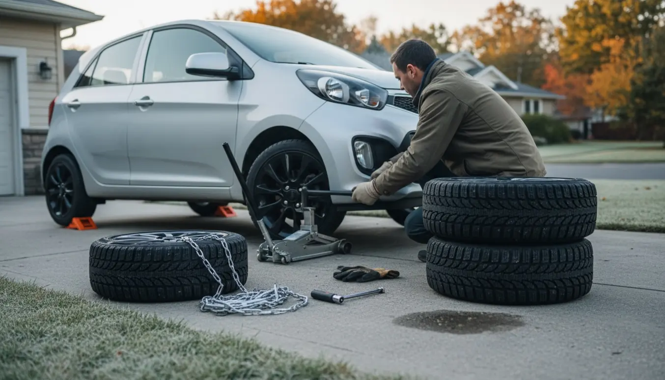 Nærbillede af en person, der skifter til vinterdæk på en Kia Picanto i en indkørsel.