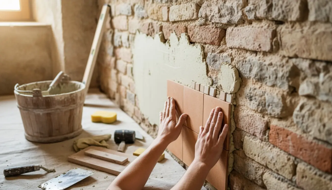 Håndværker sætter fliser tæt i kalkmørtel på en rå murvæg.
