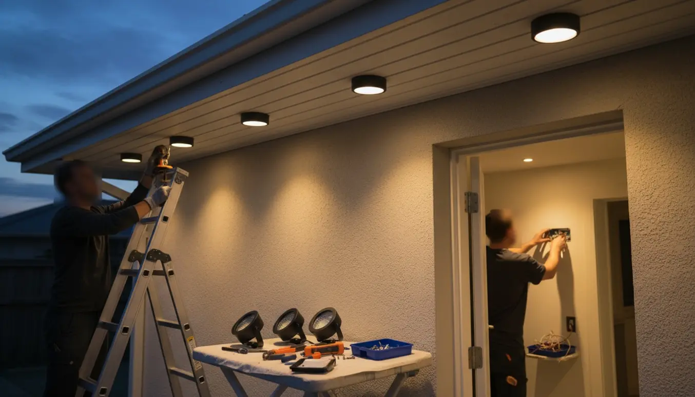En person på en stige justerer seks udendørsspot under et tagudhæng, mens en indendørs lysdæmper udskiftes i en åben døråbning.