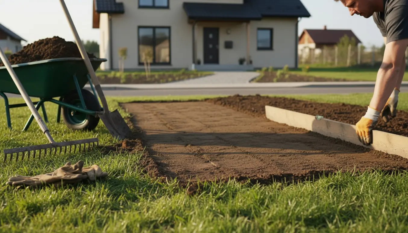 En lille have med bunke jord, trillebør, skovl og rive, hvor jorden spredes og jævnes foran et hus.