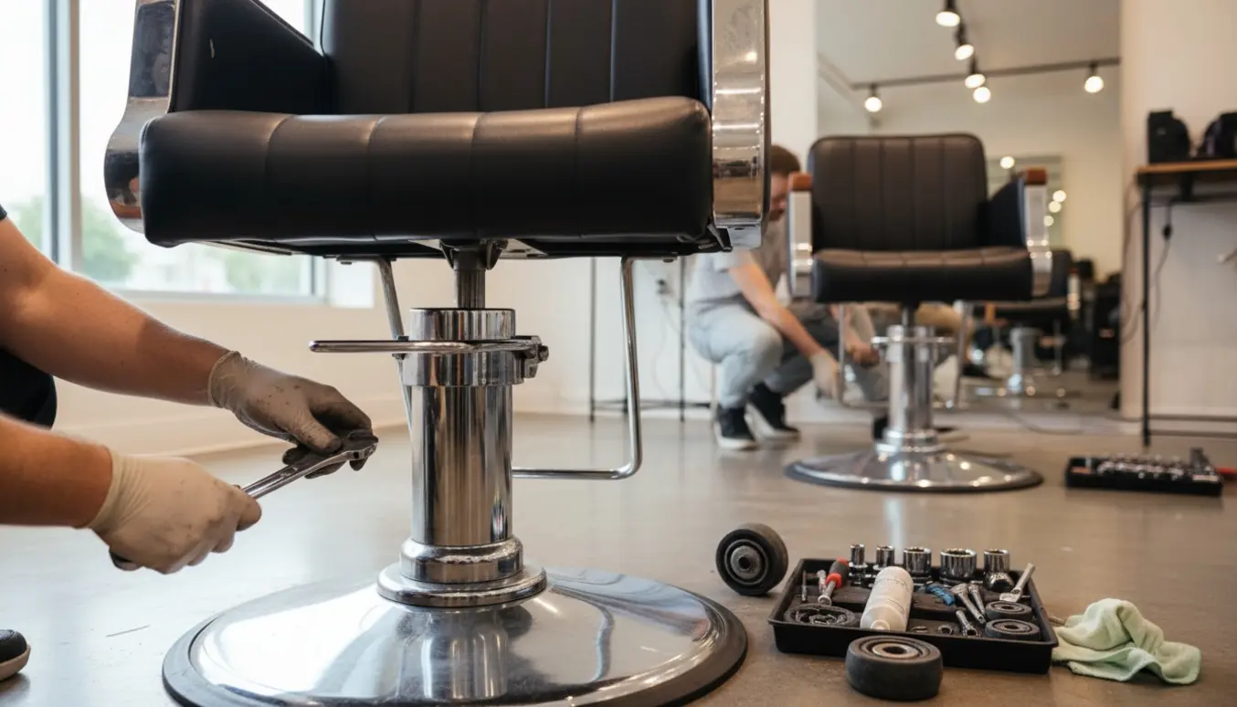 En tekniker reparerer to frisørstole og en klippestol med værktøj og reservedele i en lys frisørsalon.