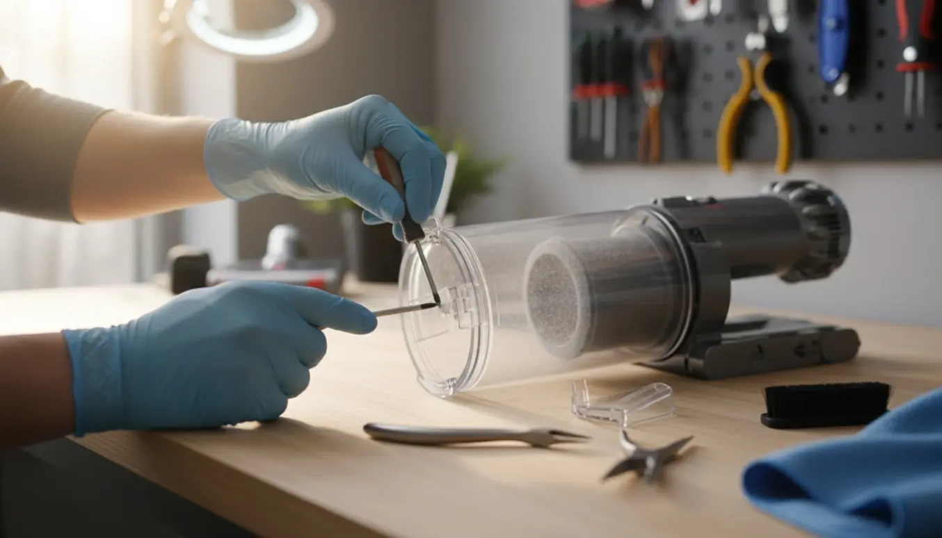 Handskerede hænder reparerer flappen på en moderne ledningsfri støvsuger på et ryddeligt værkstedsbord.