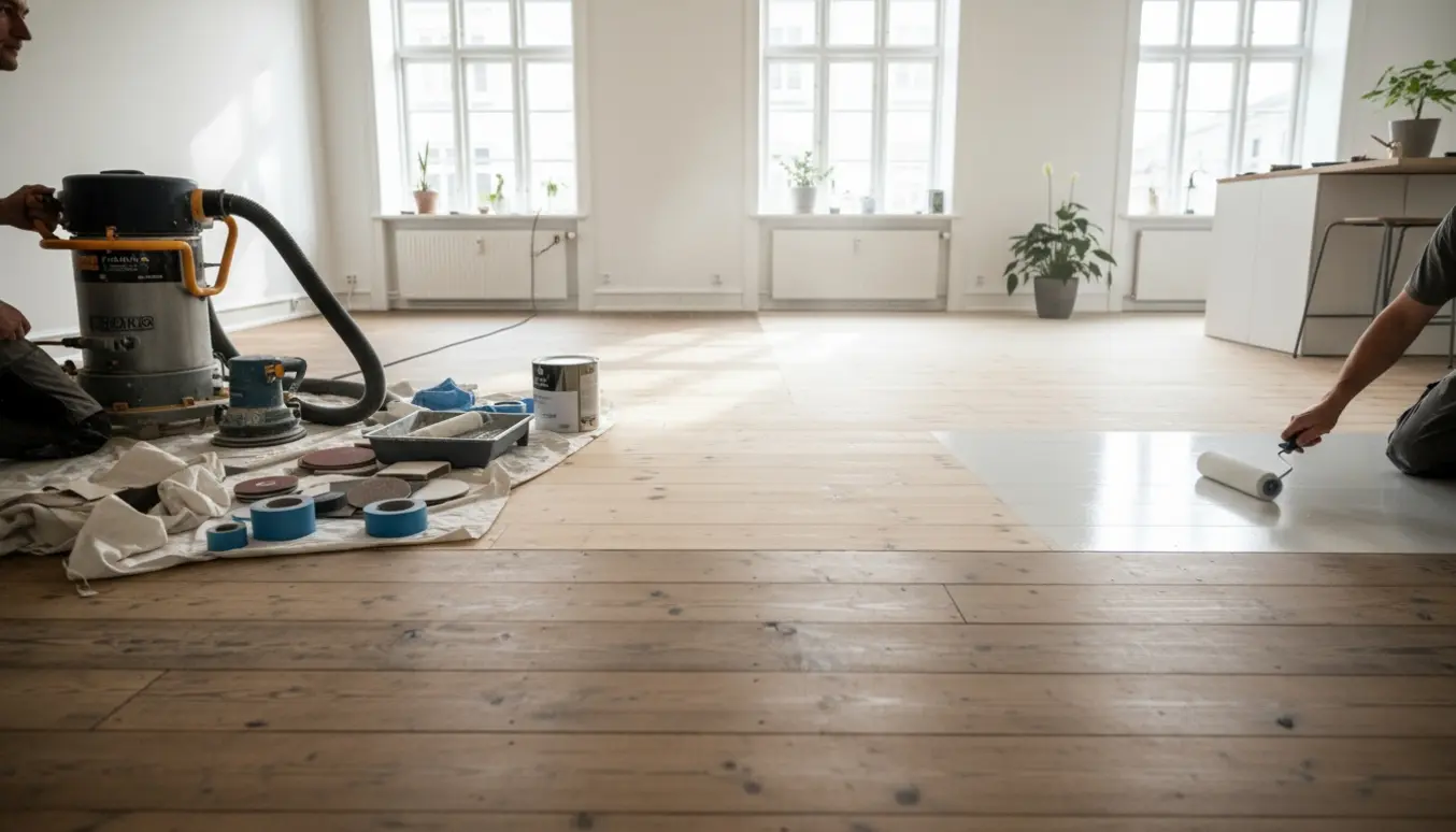 Håndværker sliber og lakker et gammelt trægulv i en lys Østerbro-lejlighed.