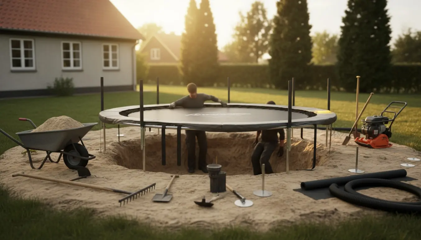 Nedgravet rund trampolin i sandet have under montering med værktøj og stormankre.
