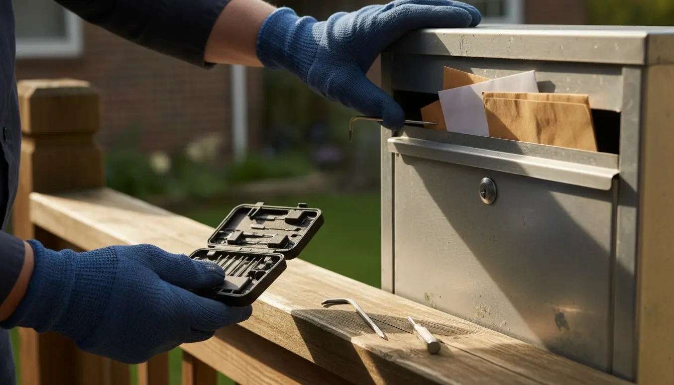 Nærbillede af handskerede hænder, der bruger låseværktøj til at åbne en postkasse uden nøgle.